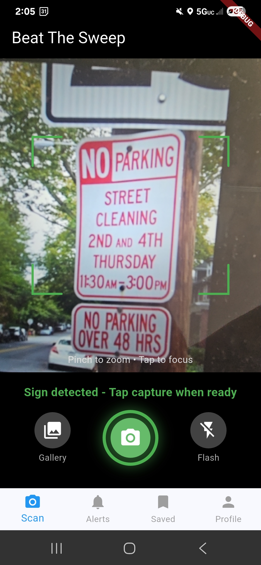 Beat the Sweep app scanning a street sweeping sign